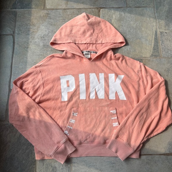 PINK Victoria's Secret Tops - Y2K Victoria's Secret PINK Cropped Logo Hoodie Pullover Size M Coral Retro